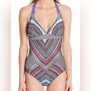 PrAna Pink & Purple Geometric Halter One-Piece. Size Medium.